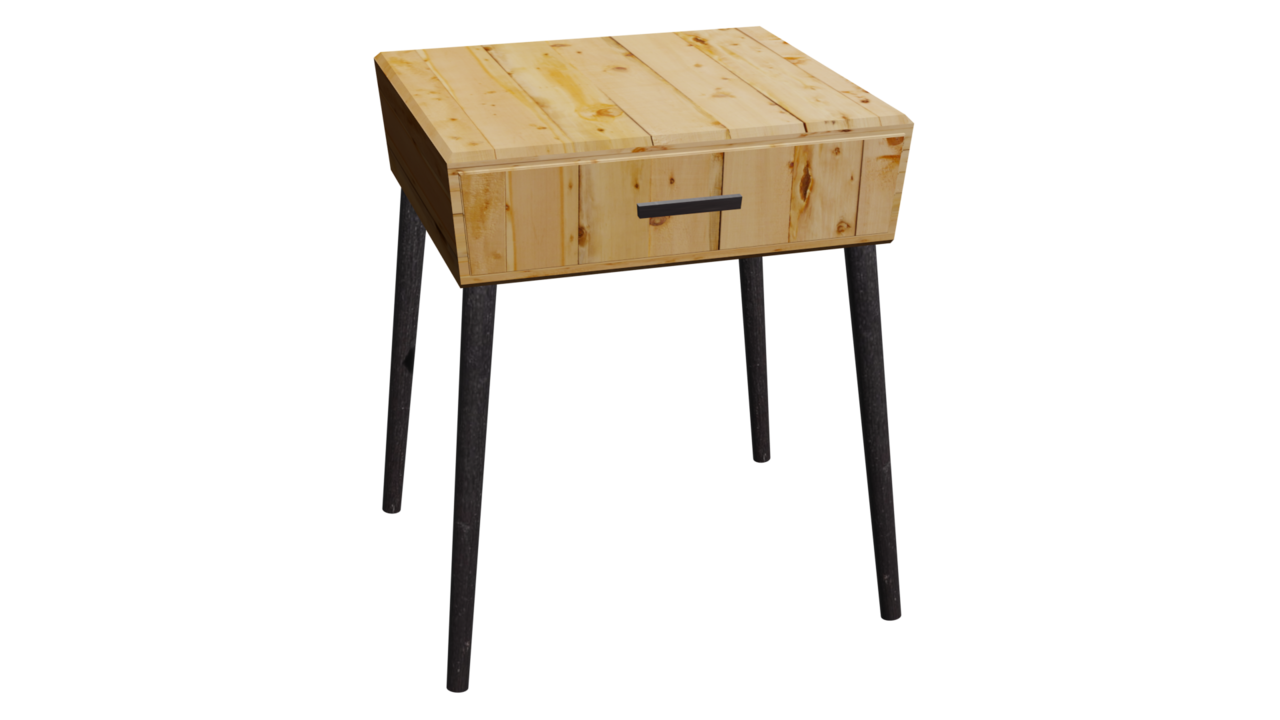 Small square light wood side table with a single drawer and four tapered dark legs on a white background
