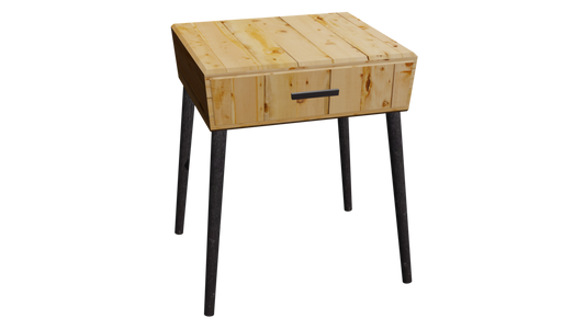 Small square light wood side table with a single drawer and four tapered dark legs on a white background