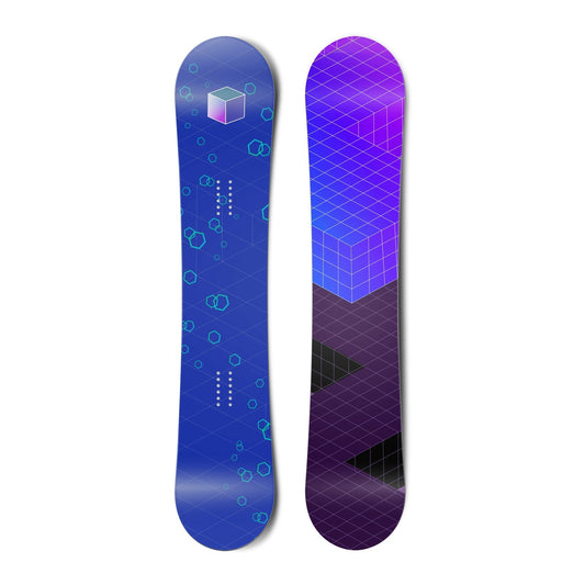 The top and bottom view of a snowboard.The top view is a gradient light purple and dark purple with
          a cube geometric pattern. The bottom view blue with light blue octagon geometric pattern.